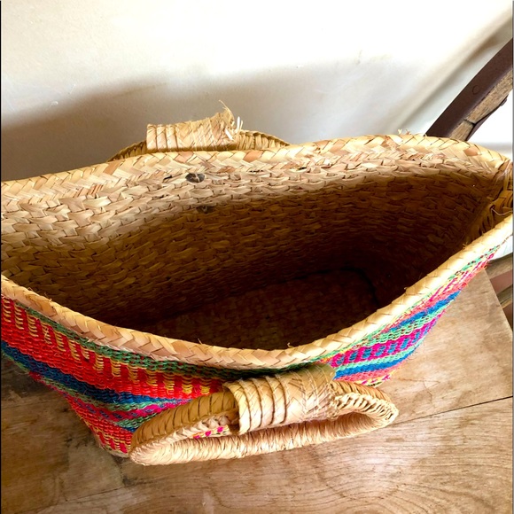 MEXICAN WOVAN BASKET TOTE Colorful Serape Vtg Lg - Picture 5 of 9